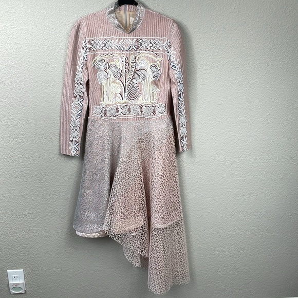Peter Pilotto Embroidered Mesh Net Overlay Long Sleeve Asymmetric Dress Sz 10 - Picture 2 of 13